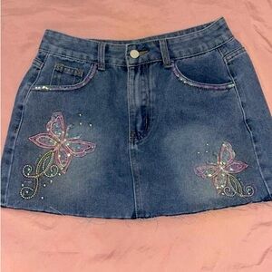 Shein Kawaii Butterfly Embroidered Wash Denim Mini Skirt